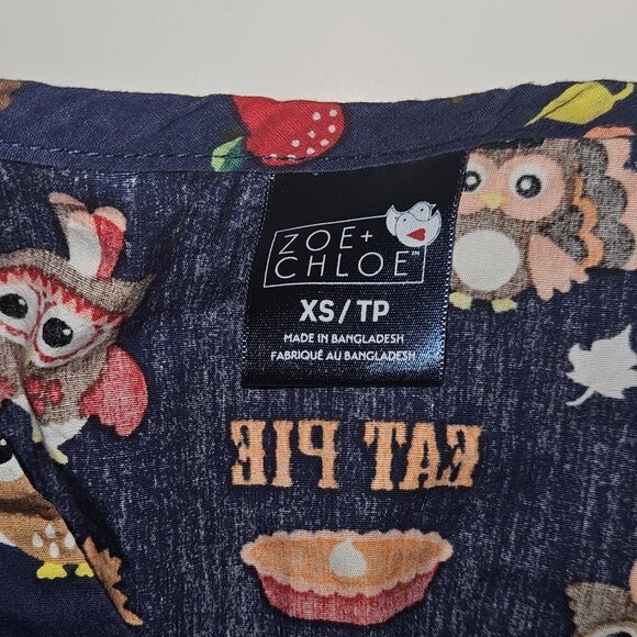 Zoe + Chloe Thanksgiving Scrubs Top Shirt XS Blue Orange Owl Turkey Pilgrim Pie - Picture 5 of 8